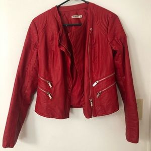 Red faux leather biker jacket